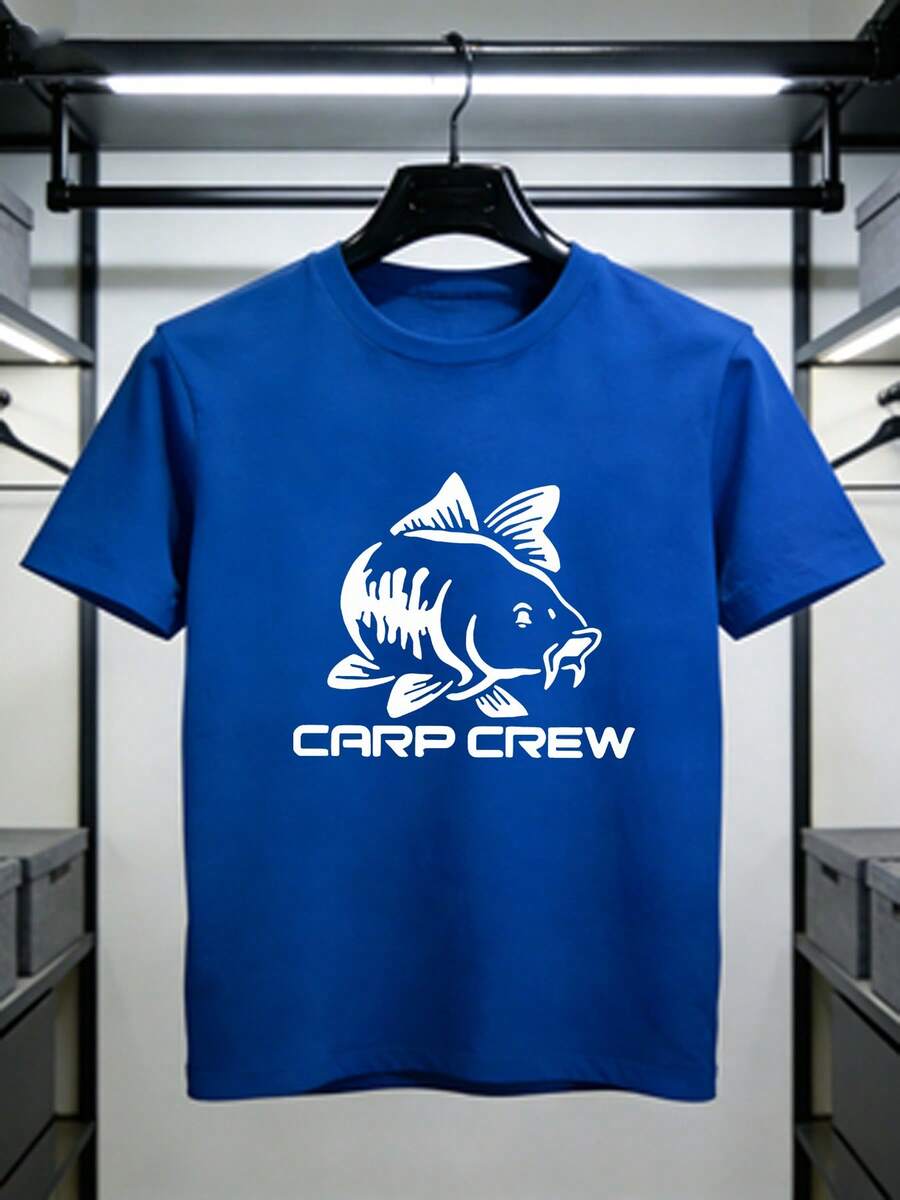 Boys' Short-Sleeved T-Shirt With A Unique "Carp Silhouette" Print, Suitable For Casual Outdoor Wear, American Retro Style, And Workwear. A Summer T-Shirt. - 寶藍色 - 查看 1