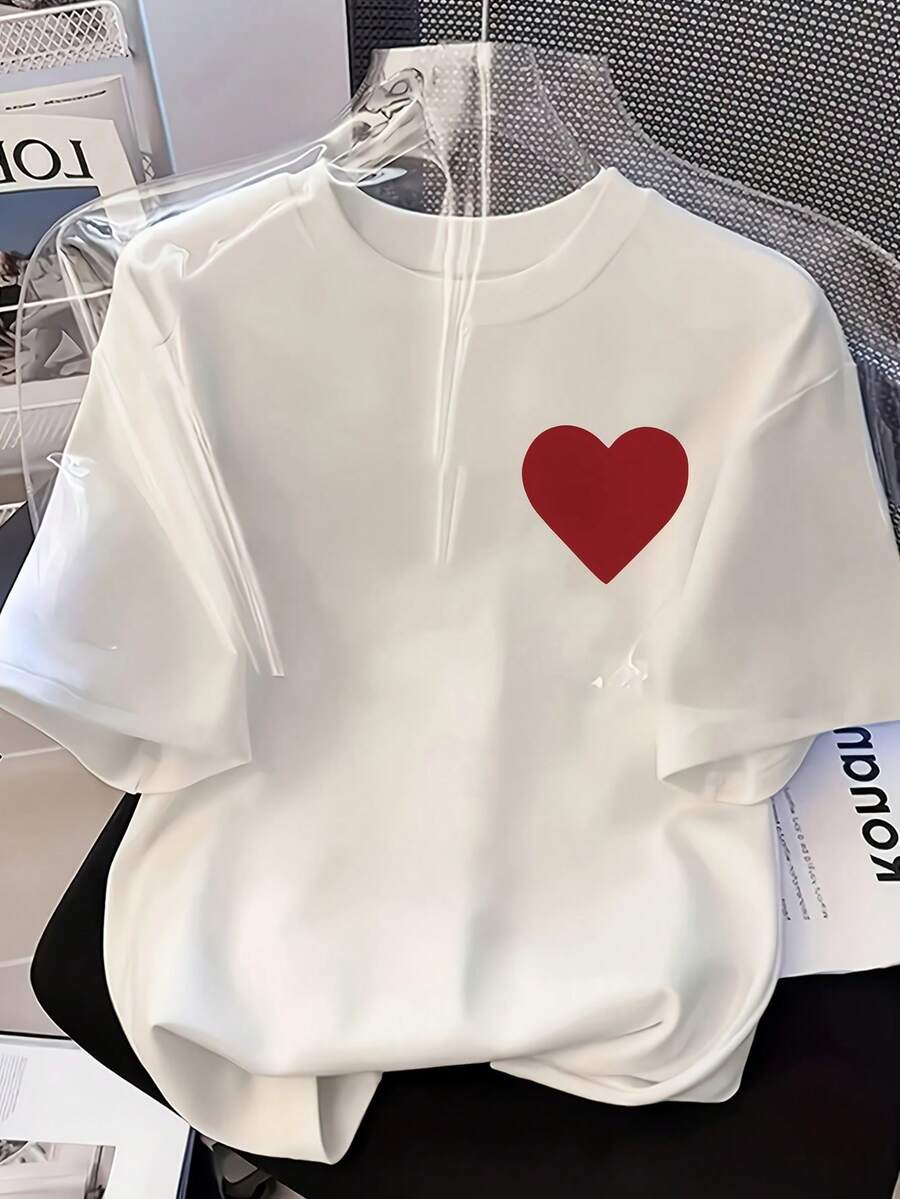Short-Sleeved T-Shirt With Round Neck And Red Heart Print 9TDB - White - View 1