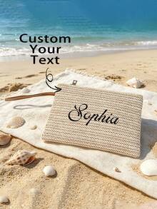 Bolso de mano de paja tejida personalizado con nombre, bolso de estilo bohemio con cremallera y correa de muñeca, bolso de maquillaje para damas de honor, bolso de mano para vacaciones de verano en la playa - Multicolor - Ver 9