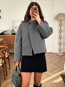 Women's Basic Minimalist Commute Daily Date Vintage Inspired Loose Fit Crew Neck Long Sleeve Short Jacket, Autumn/Winter Fall - Grey - View 7