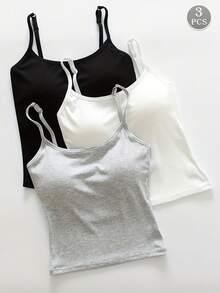 3-Piece Women's Plain Ribbed T-Shirt With Padded Bra, Casual Fitted Crop Top For Exercise - MultiWarna - View 1