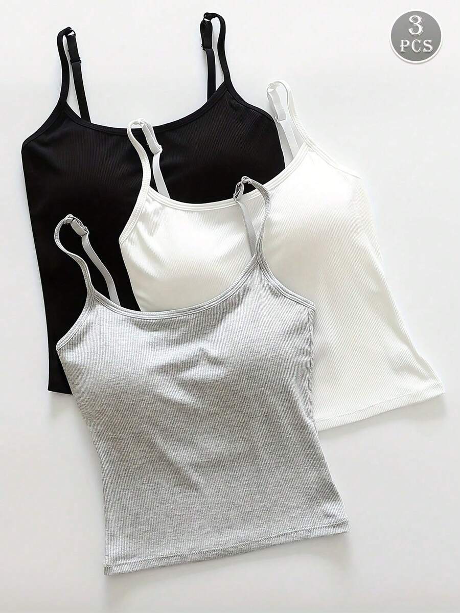 3-Piece Women's Plain Ribbed T-Shirt With Padded Bra, Casual Fitted Crop Top For Exercise - MultiWarna - View 1