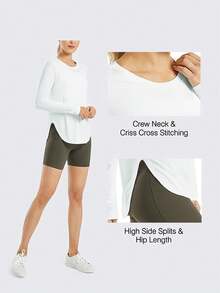Camiseta informal holgada de manga larga sólida negra, top deportivo para fitness, yoga y running, ropa para mujer - Blanco - Ver 4
