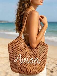 CFUNIQ 1pc Personalized Crochet Beach Tote Bag With Name, Custom Bridesmaid Gift Bag, Travel Beach Crochet Handbag, Large Capacity Summer Beach Bag, Unique Wedding Favor Bachelorette Party Supply - Multicolor - View 4