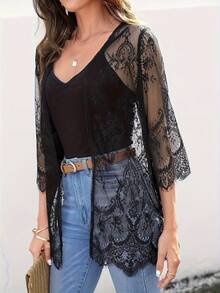 Plus Size Long Cardigan For Women With Lace Front Placket. - Black - View 4