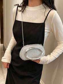 Women's Rhinestone Rounded Rectangular Evening Clutch, Front Curved Oval Handle Handbag, Fashion Crossbody Bag, Suitable For Wedding, Ball, Valentine's Day Party - Silver - View 3