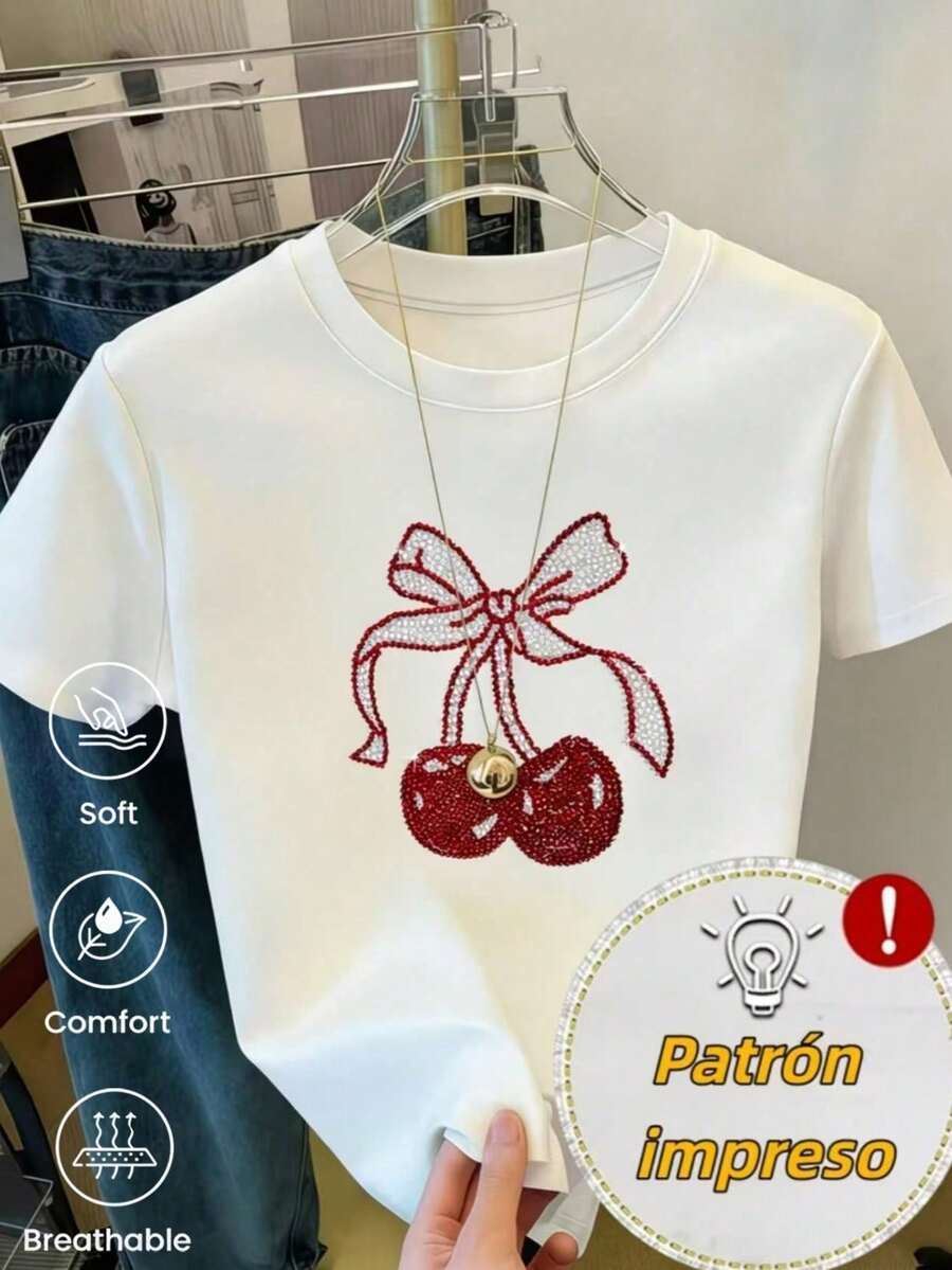 Camiseta de verano estampada de manga corta para mujer, top para mujer, tejido de algodón puro, corte regular blusas para mujer playeras de mujer blusas casuales para dama conjuntos de mujer - Blanco - Ver 1