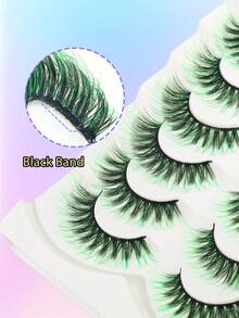 7 Pairs Green Cotton Thread Black Stem Dense Fish Tail Style False Eyelashes, Suitable For Festivals, Parties, Gatherings And Other Holiday Occasions, 20mm - 彩色 - 查看 6