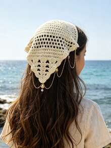 1pc French Minimalist Triangle Headscarf Hair Accessory For Beach Photography, Sweet And Cute Girl Hairband With Ocean Shell And Faux Pearl Cute Pattern Pendant Decoration, Suitable For Summer Beach Travel Vacation Hair Styling Versatile Accessory - Multicolor - View 3