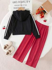 2pcs/Set Setelan Gaya Jalanan Amerika untuk Anak Perempuan, Hoodie Musim Semi/Musim Gugur & Celana Panjang Lebar Motif Grafiti - MultiWarna - View 3