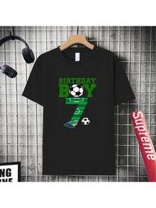 Boy's Number 7 Birthday Party T-Shirt, Featuring A "Birthday Boy" Print In Green Lettering, A Casual Short-Sleeved Sporty Style With Stadium Numbers And A Soccer Ball Design. - 黑色 - 查看 4