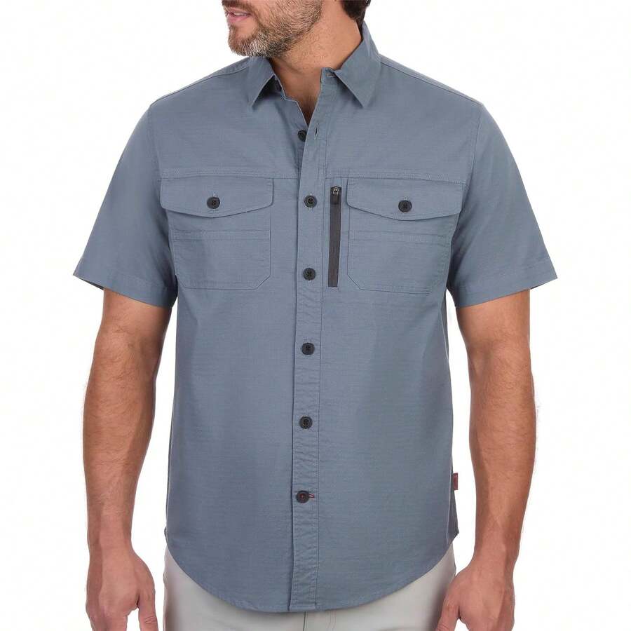 Coleman Camisa de utilidad de manga corta con tejido elástico y resistente a desgarros para hombres - Camisas de trabajo al aire libre con botones para hombres Variante 2 - Espejismo azul - Ver 1