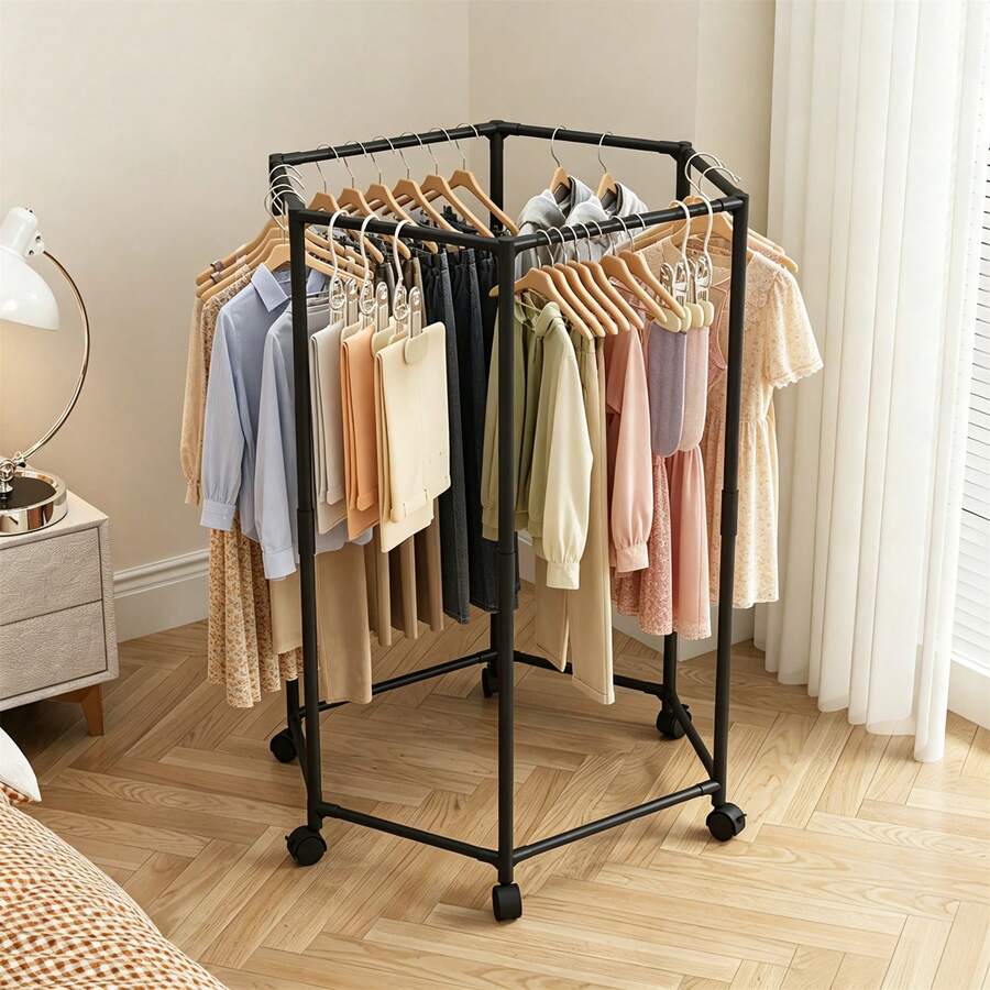 Hexagonal Garment Hanger Rack With Wheels, Heavy Duty Clothes Drying Rack – Portable Rolling Clothes Stand, Easy Assembly For Home, Dorm & Studio - Black - View 1