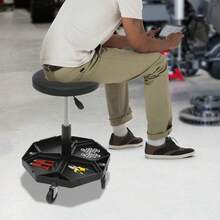 YISSALE Taburete de taller neumático, redondo y negro, con altura regulable de 45 a 58 cm (17,72–22,83 pulgadas), bandeja para herramientas con 4 compartimentos, giratorio 360° y móvil, ideal para reparaciones de automóviles, talleres mecánicos y trabajos de bricolaje. - Negro - Ver 3