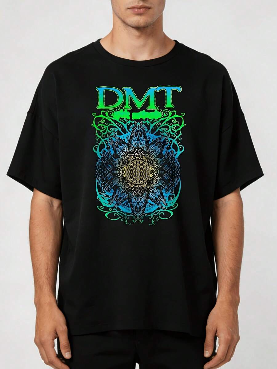 Maglietta unisex in 100% cotone con design cubo Meditron, mandala Seed Of Life e grafica molecolare DMT, morbida, casual streetwear essenziale per tutte le stagioni, da uomo e donna - nero - Visualizzare 1