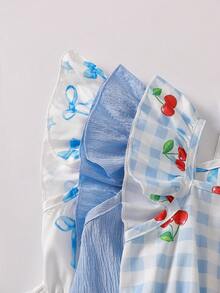 Conjunto de 3 vestidos casuales de verano para niñas jóvenes, con mangas volantes, estampado de cuadros de cereza y moño, adecuado para vacaciones, playa, actividades al aire libre y uso diario - Multicolor - Ver 4
