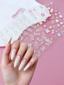 2 Stücke 3D/5D geprägte Relief Nagelaufkleber, Nägel, DIY Dekoration, mit bunten Blumen, Sternen, Kaninchen, weißen Schmetterlingen, Rosenmustern, geeignet für die Erstellung von Frühlings- und Sommer-Macaron süß und niedlich Stil, französischer sanfter Retro-Stil Nagelkunst - Verschiedenfarbig - Übersicht 2