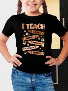 Boys' T-Shirt With Crayon Print And Phrases "I Teach Love Bravery Equality Strength Kindness" For Girls And Boys, Unisex, Short Sleeve - 黑色 - 查看 1