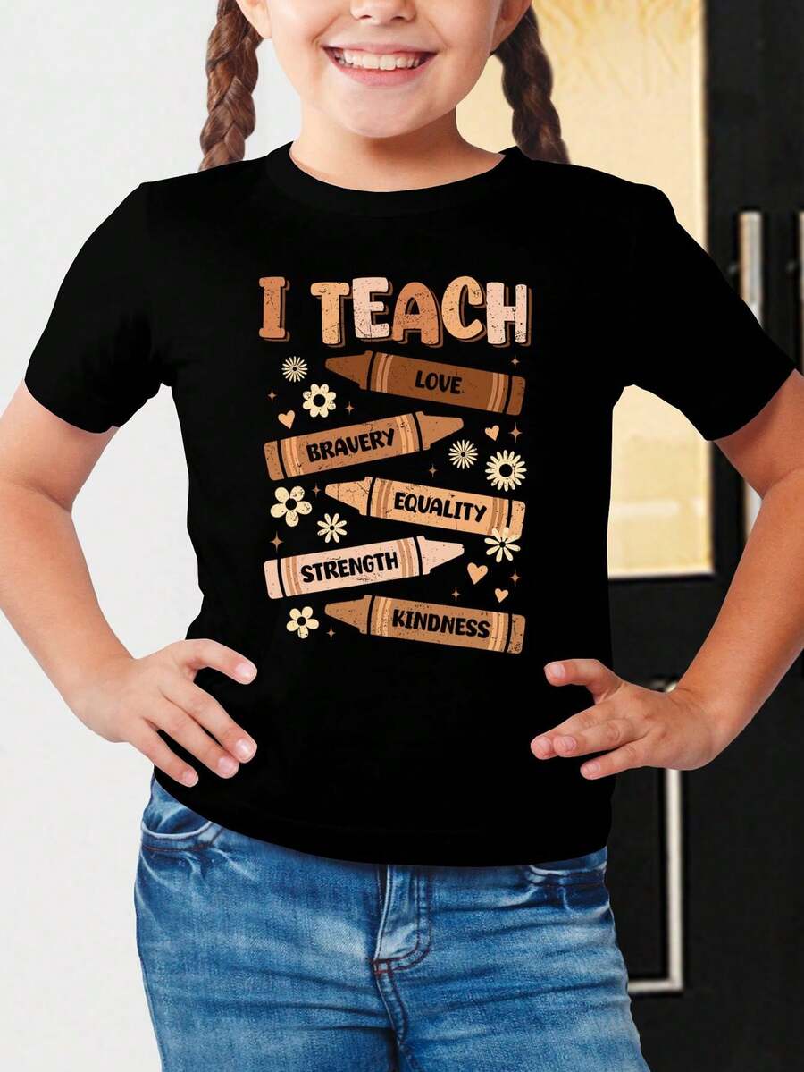 Boys' T-Shirt With Crayon Print And Phrases "I Teach Love Bravery Equality Strength Kindness" For Girls And Boys, Unisex, Short Sleeve - 黑色 - 查看 1