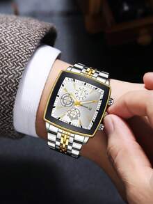 Reloj de pulsera de cuarzo con esfera cuadrada de tres ojos y calendario, estilo clásico de moda para hombre, estilo elegante (1 pieza/set), caja de reloj no incluida - Blanco - Ver 2