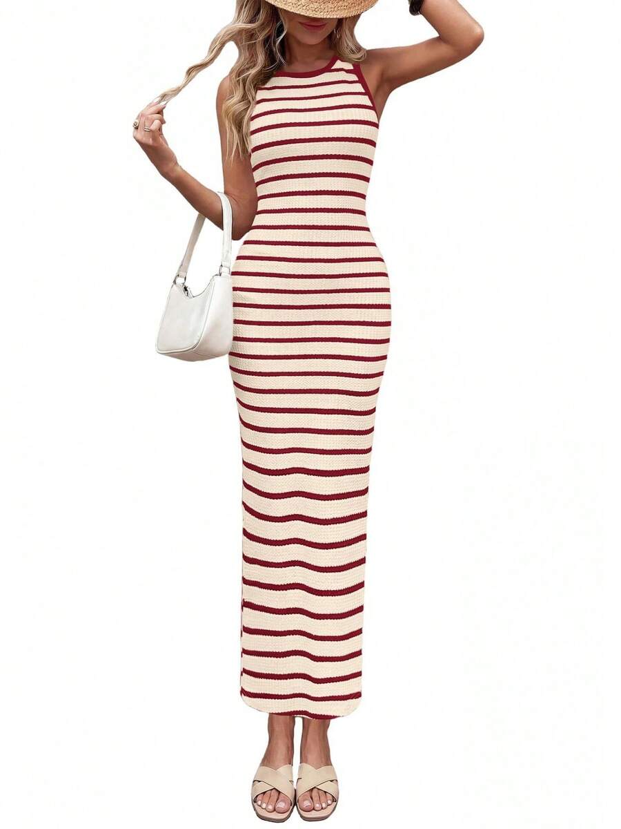 New Striped Dress With Round Neck For Women: Ideal For Any Occasion. - 紅色 - 查看 1