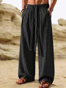 1pc Men's Black Faux Linen Texture Straight Leg Pants, Loose Drape Fit, Breathable Lightweight Fabric, Comfortable Anti-Pilling, Vacation Style, Suitable For Summer Beach Relaxed Casual Long Pants - Black - View 3