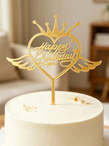 3pcs Gold Mirror Acrylic Happy Birthday Cake Topper With Heart, Crown & Angel Wing Frame, Elegant Cursive Letter With Stick For Cake Top Decoration, Birthday Party, Festive Celebration Cake Decor Supplies - A - View 4