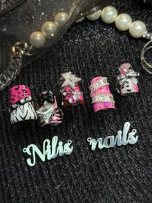 10 piezas de uñas postizas cortas tipo pato totalmente cubiertas hechas a mano, uñas rosas, estilo dulce picante girly punk Y2K, uñas postizas reutilizables con pegamento de gelatina y lima de uñas, adecuadas para festival de música, fiesta de cumpleaños, atuendo casual de calle, estilo diario de chicas - Rosa - Ver 4
