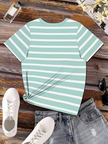 Camiseta de manga corta con estampado 2D, casual, elegante, para vacaciones, con diseño abstracto de pintura en blanco y verde, estampado completo, transpirable, de cuello redondo, camiseta - Verde - Ver 4