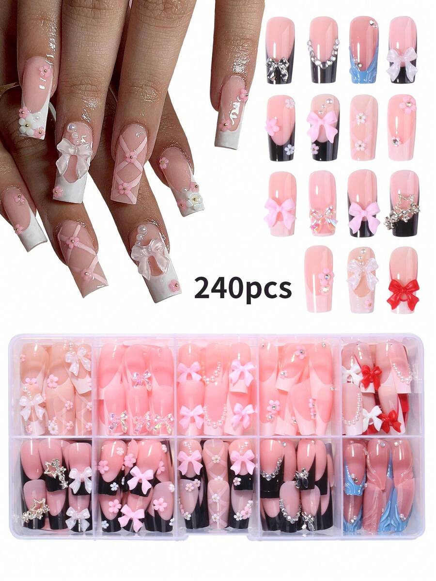 240 peças/(10 Estilos), Adesivos de Arte de Unhas Francesas Retangulares Multicoloridos, Decorados com Laços, Strass, Flores, Pérolas, Conjunto de Estilo Clássico Popular, Unhas de Comprimento Médio - Multicolorido - Visão 1