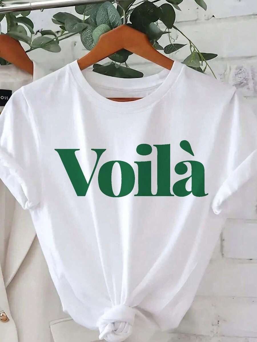 Women's Vo Letter Print Short Sleeve T-Shirt, Ideal Option For Spring And Summer, White Casualtops - White - View 1