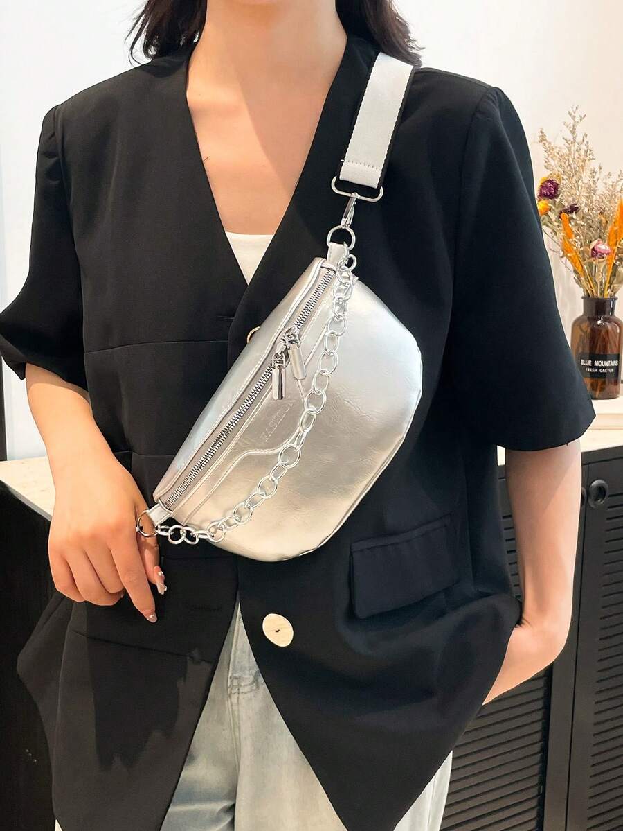壓紋純色油皮 PU 鏈條裝飾女款腰包,斜跨胸包,時尚 PU 餃子包 - 銀色 - 查看 1