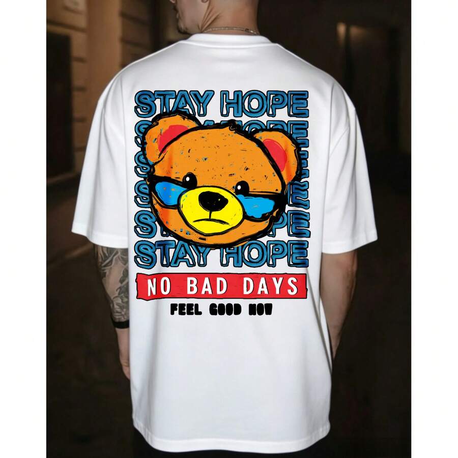 Jóvenes/Estilo Urbano, Oso con Gafas de Sol y Frase Stay Hope, Camiseta Blanca, Diseño en Azul, Rojo y Negro con Contraste Vibrante, Corte Regular, Ideal para Días Casuales y Positivos - Blanco - Ver 1