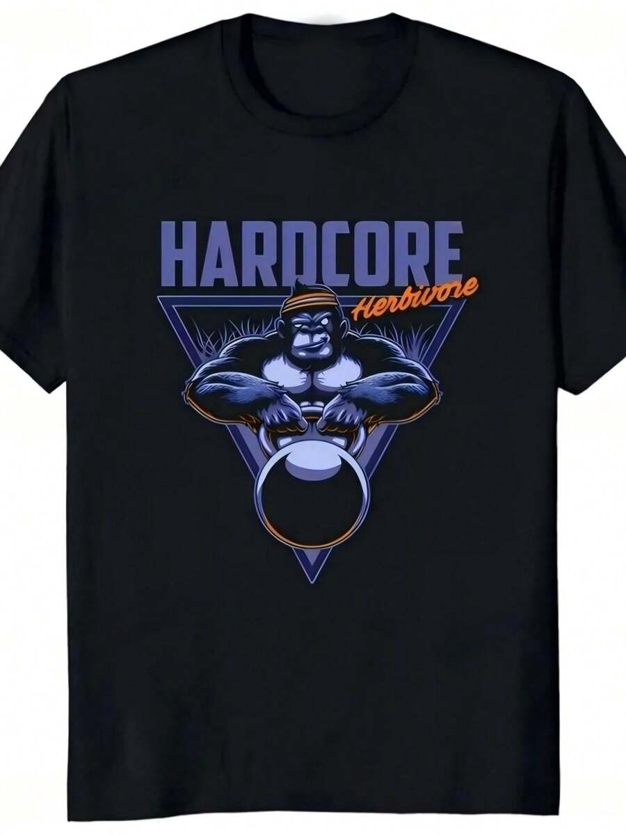 Women's Hardcore Herbivore Gorilla Print Black Short Sleeve Round Neck Casual T-Shirt, Regular Fit Knitted Fabric Top With Slight Stretch - 黑色 - 查看 1