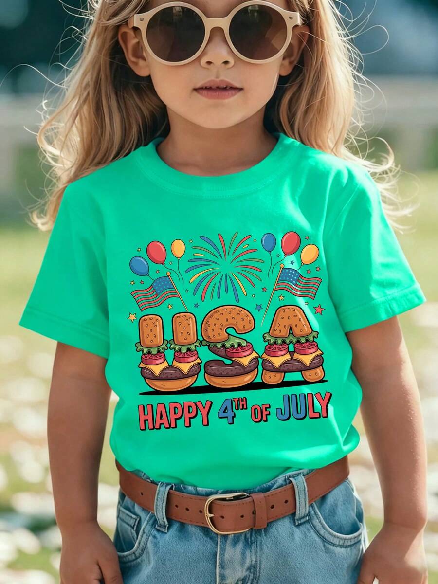 Girls' Short-Sleeved T-Shirt From The 'American Independence Day' Collection With Cartoon Prints Such As 'HAPPY 4TH OF JULY', Hamburger, United States, American Flag - 綠色 - 查看 1