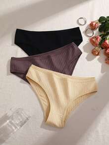 3 piezas de bragas básicas de unicolor a rayas para mujer, ropa interior de algodón cómoda y transpirable - Multicolor - Ver 2