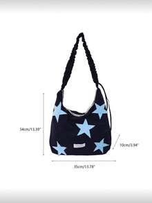 Colorblock Five-Pointed Star Fabric Pleated Shoulder Bag, Breathable Wrinkled Fabric Lightweight And Easy To Fold, Extra Large Capacity To Hold All Study And Travel Essentials, Steady Navy Blue Paired With Soft Light Blue Stars, Suitable For Casual And Academic Style Outfits All Year Round - Navy Blue - View 7