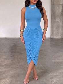 Women Fashion Mock Neck Sleeveless Ruched Bodycon Dress Racerback Slit Party Long Dress Elegant Vacation Outfit - Blue - View 10
