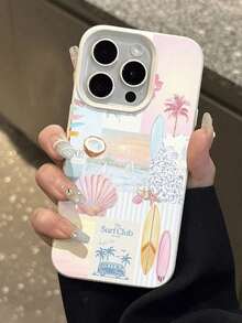 Vacation Style Minimalist Summer Surfboard & Palm Tree Texture Soft Waterproof Anti-Drop Anti-Slip Premium Phone Case, Suitable As Birthday/Holiday Gift For Friends, Family, Couples, Compatible With Apple 11/12Pro Max/13/14/15Pro Max/16Pro/17 Pro Max/17Air - Beige - View 4