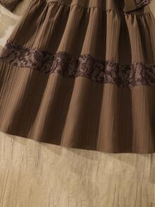 Left Mama Girls Elegant Vintage Floral Mesh Long Sleeve Dress, Spring/Autumn Pastoral Style - Brown - View 7