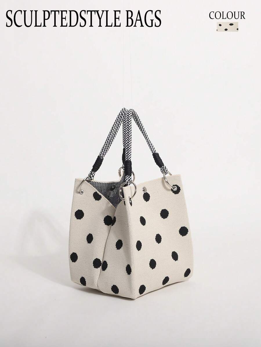 1pc Black & White Contrast Polka Dot Women's Handbag, Woven Fabric Bucket Bag With Round Ring Braided Handle, Suitable For Outing, Shopping Or Commuting (Handle Needs Self-Assembly) - Black and White - View 1