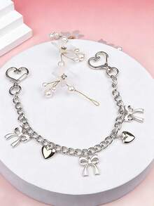 1pc Bowknot Pattern Handbag Chain Accessory, White Bowknot Pendant Handbag Extension Chain, Decorative And Replaceable Metal Bag Chain, Fashion Pendant, Beach Vacation Style, Bowknot Y2K Kawaii Keychain - Silver - View 1