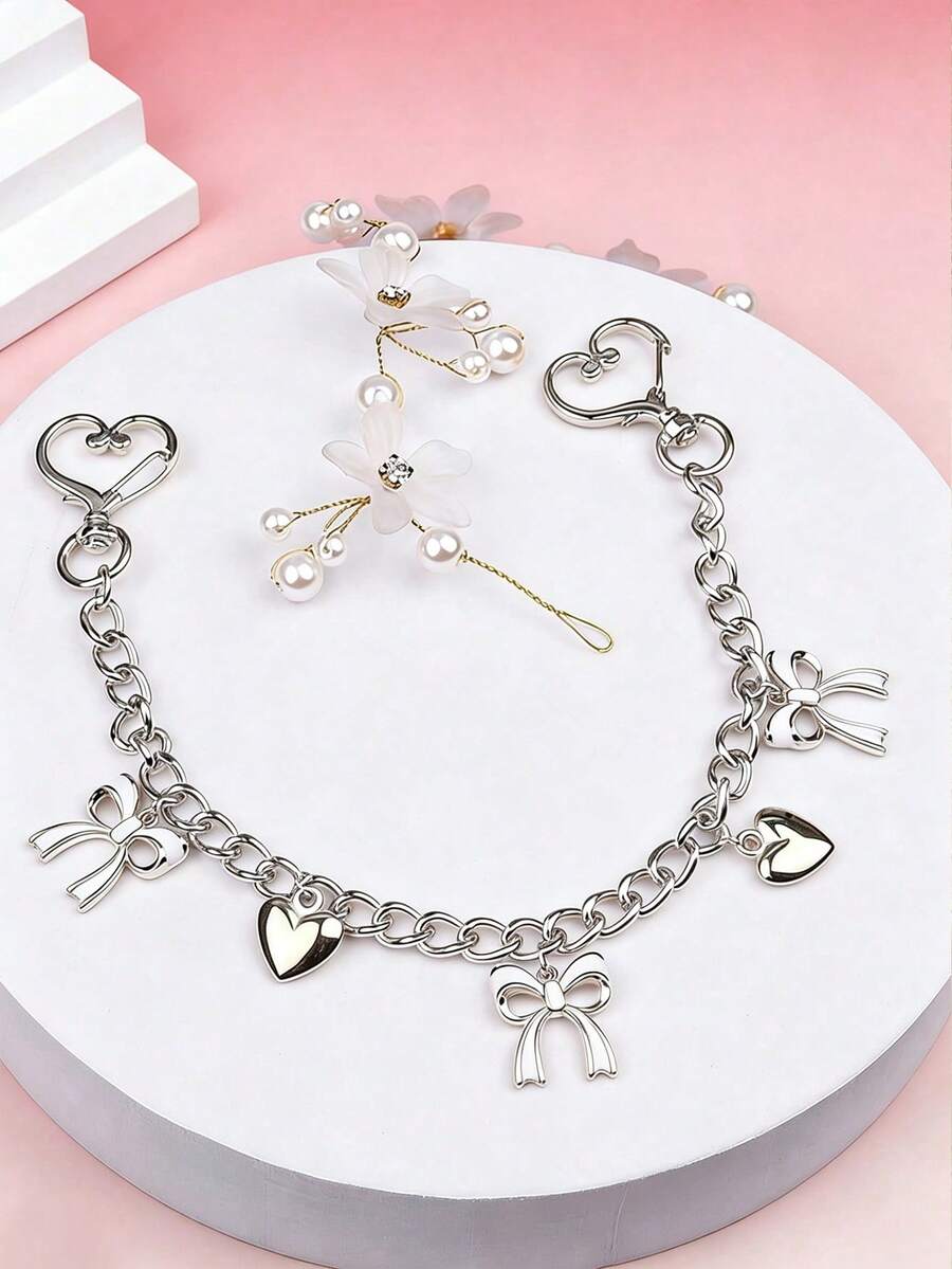 1pc Bowknot Pattern Handbag Chain Accessory, White Bowknot Pendant Handbag Extension Chain, Decorative And Replaceable Metal Bag Chain, Fashion Pendant, Beach Vacation Style, Bowknot Y2K Kawaii Keychain - Silver - View 1
