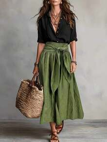 Women's Casual Elegant Green Midi Dress, Tie-Waist Layered Ruffle Design, Non-Stretch Woven Fabric, Suitable For Autumn/Winter - Army Green - View 1