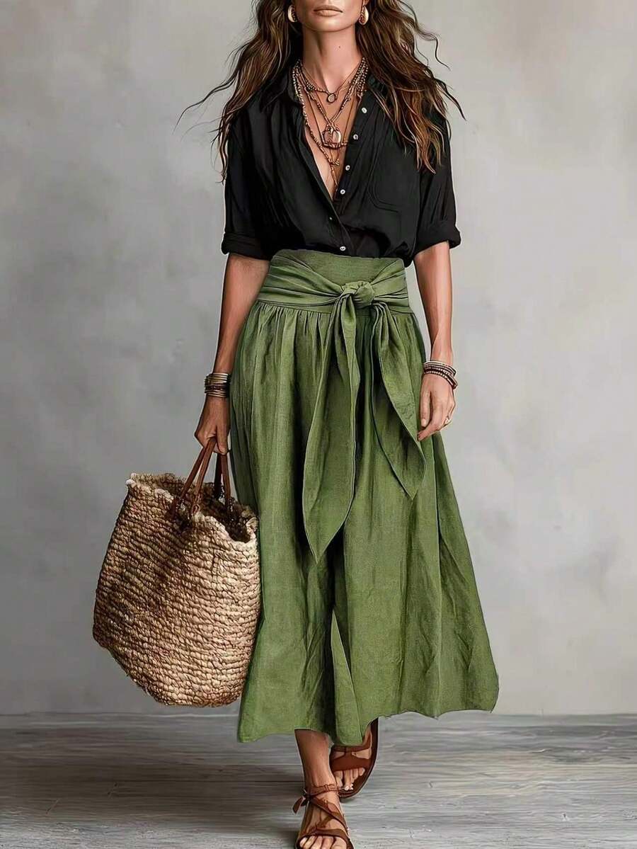 Women's Casual Elegant Green Midi Dress, Tie-Waist Layered Ruffle Design, Non-Stretch Woven Fabric, Suitable For Autumn/Winter - Army Green - View 1