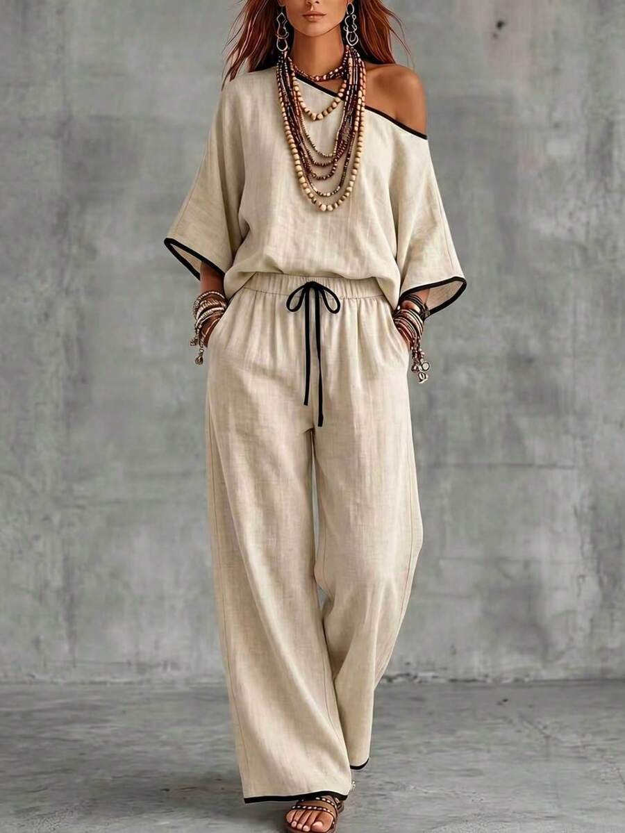 Elegant Commuter Color Block Patchwork Design, Asymmetric Shoulder Loose Top, Paired With Straight Leg Pants, Slanted Pockets, Woven Solid Color, Women's Two Pieces Set - Apricot - View 1