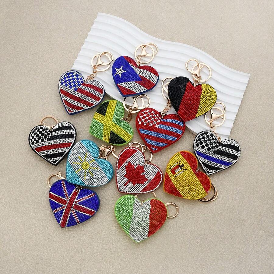 Rhinestone Inlaid National Flag Heart-Shaped Keychain, Heart-Shaped Rhinestone Bag Pendant, Suitable For Car Decoration, Men's Gift, Birthday Gift, Women's Gift, Graduation Gift, Creative Gift - Multicolor - View 1
