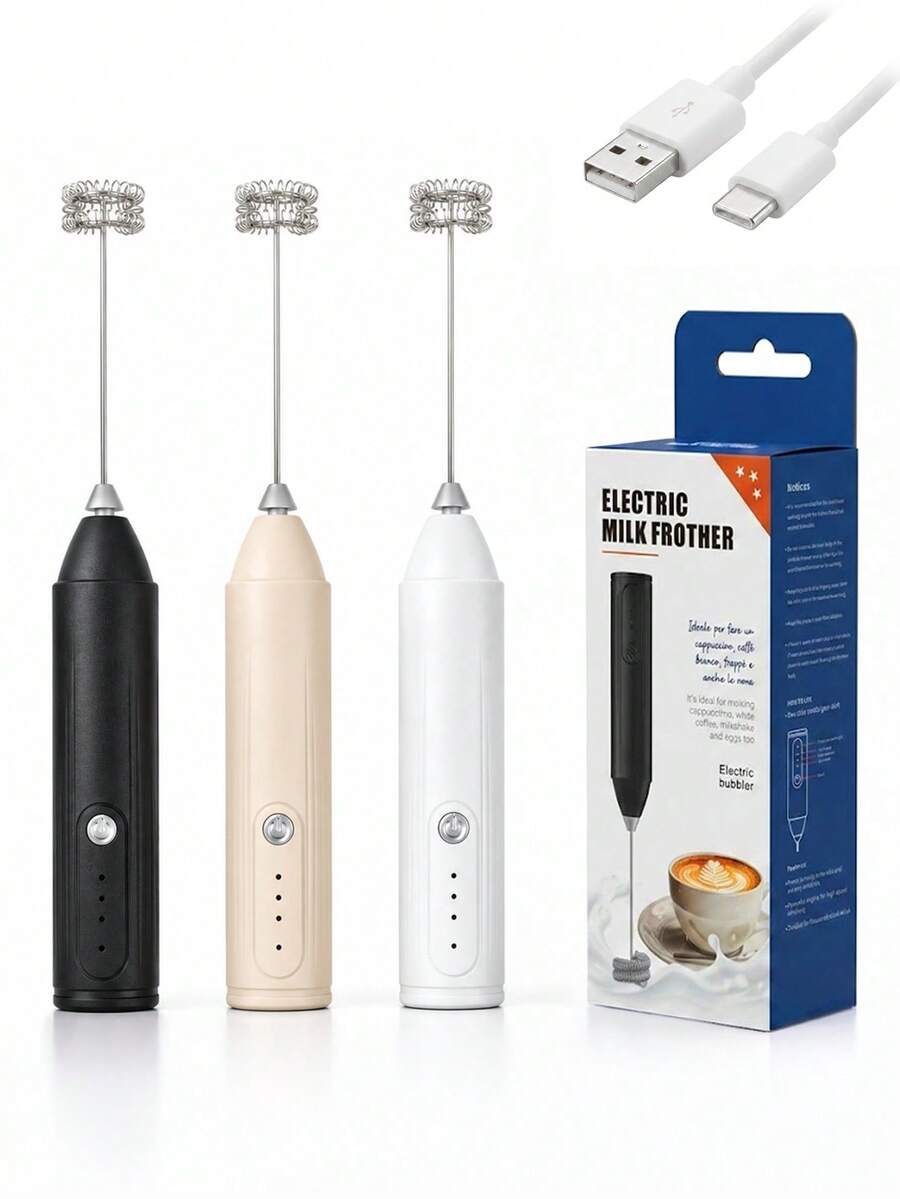 1 pieza Batidor de leche de mano para café, batidor eléctrico recargable con cabezal de acero inoxidable 304, 3 velocidades, mezclador de bebidas, batidor de café para leche, latte, cappuccino, chocolate caliente