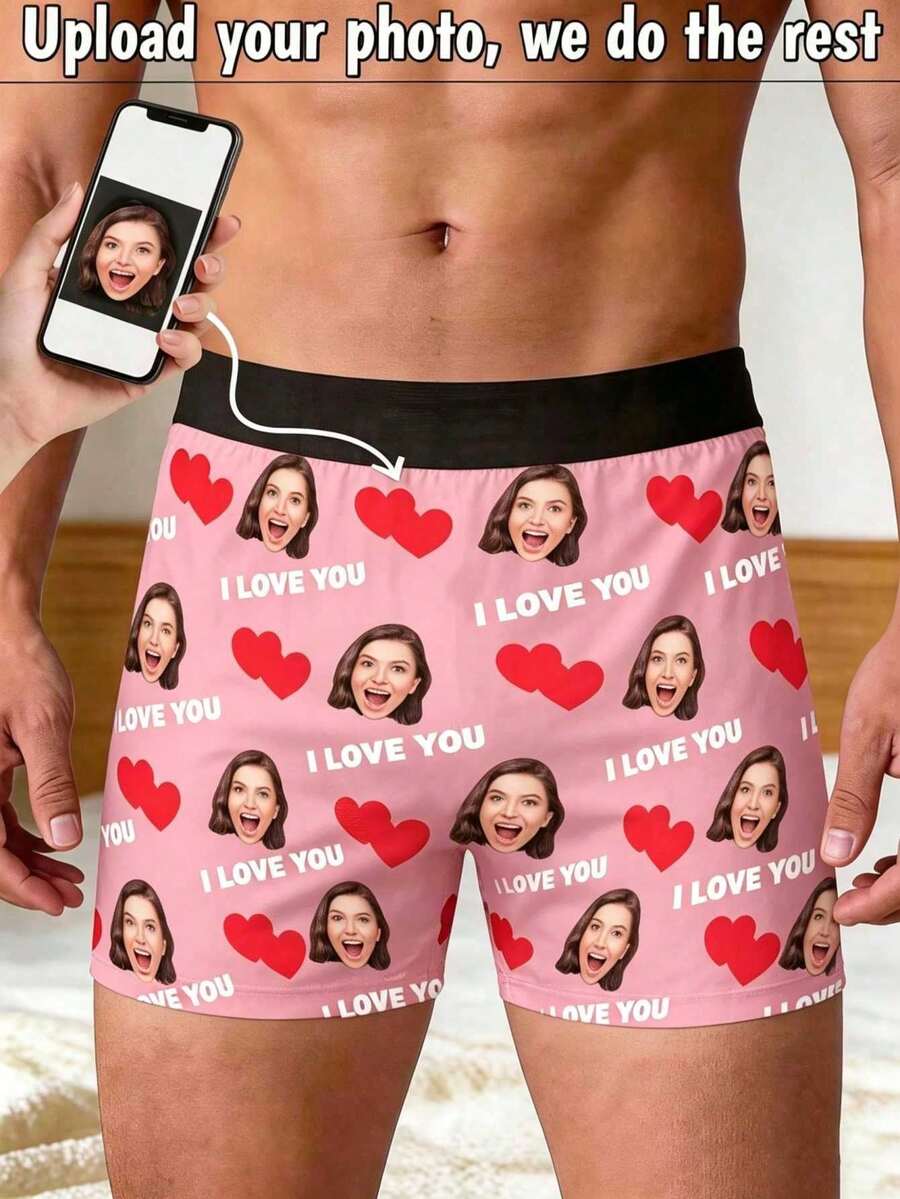 1件男士客製化人臉印花內褲,可印女友照片、「I Love You」與紅心圖案,個性化男士禮物,適合男友/丈夫,節日禮物,情人節禮物 - 粉色 - 查看 1