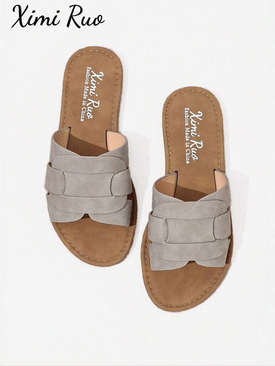 Ximi Ruo Sandalias planas tipo diapositiva de estilo coreano casual, de punta abierta, estilo romano trenzado, adecuadas para primavera, verano, exteriores, playa, apartamento, color marrón, diseño plano, versátil para vestidos - Gris - Ver 1
